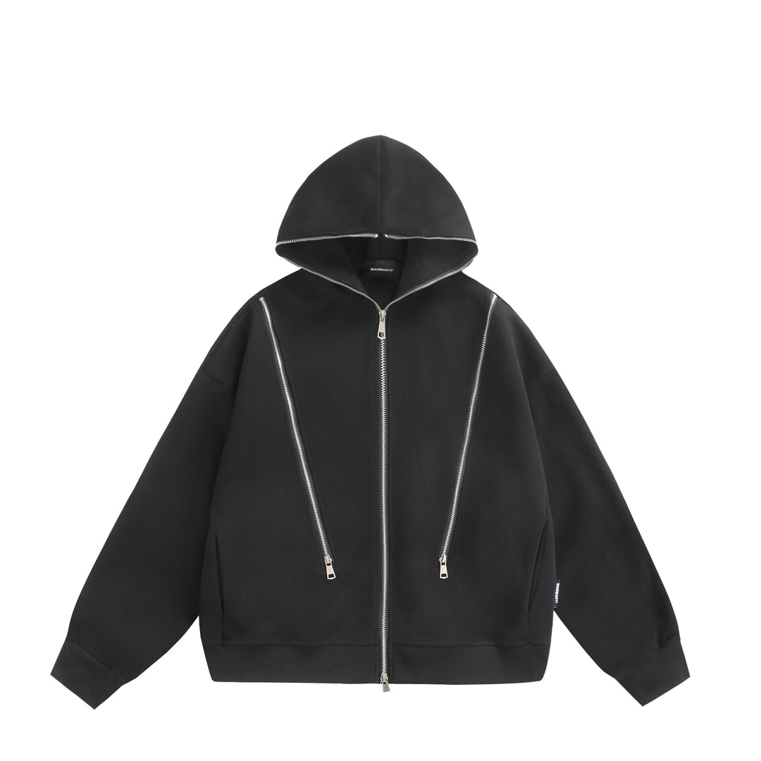 Unisex Kapuzen-Sweatjacke mit Doppelreißverschluss und Ziernaht-Panel Drune
