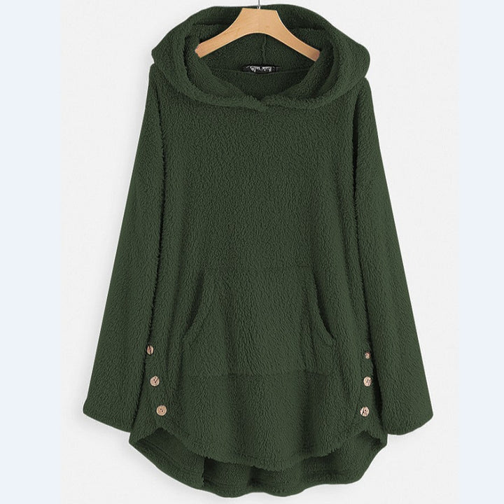 Damen nan kuscheliger Teddy-Kapuzenpullover mit Kängurutasche, Knopfleiste an den Seiten und abgerundetem Saum Drune