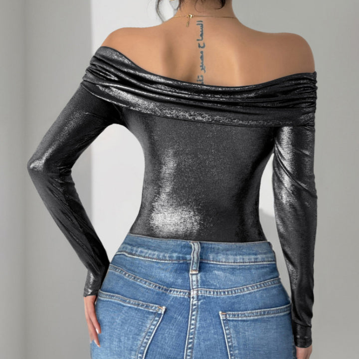 Damen Schulterfreies, glänzendes Metallic-Bodyshirt mit Mittelraffung & enganliegender Passform Drune