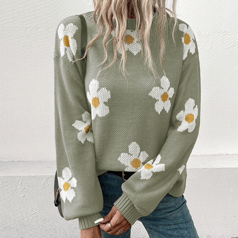 Damen Gemusterter Strickpullover mit Blumenmotiv Drune
