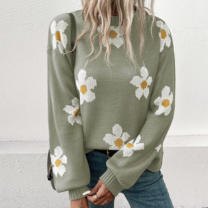 Damen Gemusterter Strickpullover mit Blumenmotiv Drune