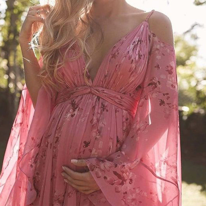 Damen Luftiges Maxi-Kleid mit floralen Akzenten und schwingenden Ärmeln Drune