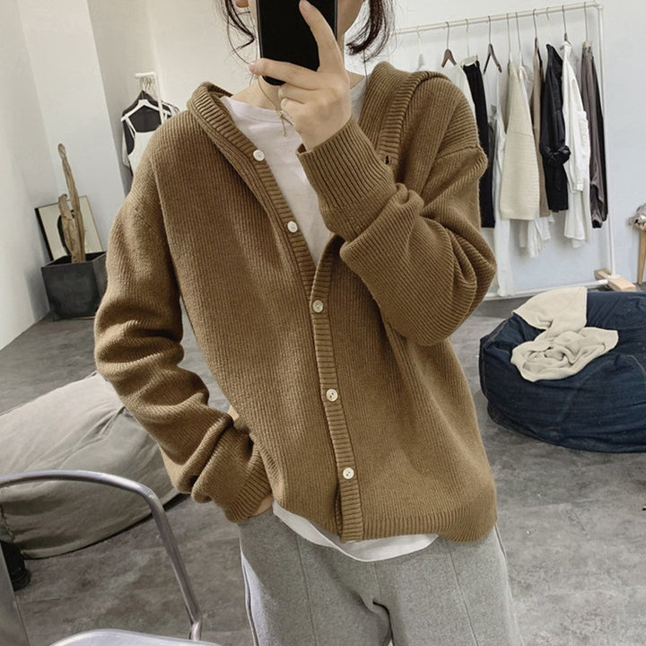 Damen lässiger Strickcardigan mit tiefem V-Ausschnitt und großen Knopfdetails Drune