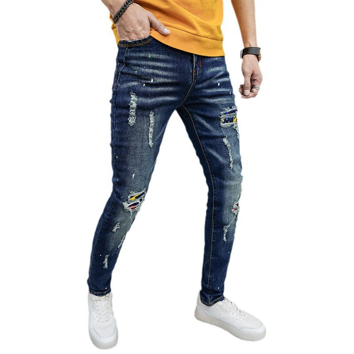 Herren Skinny Fit Jeans mit kreativen Farbklecksen und Rissdesign Drune