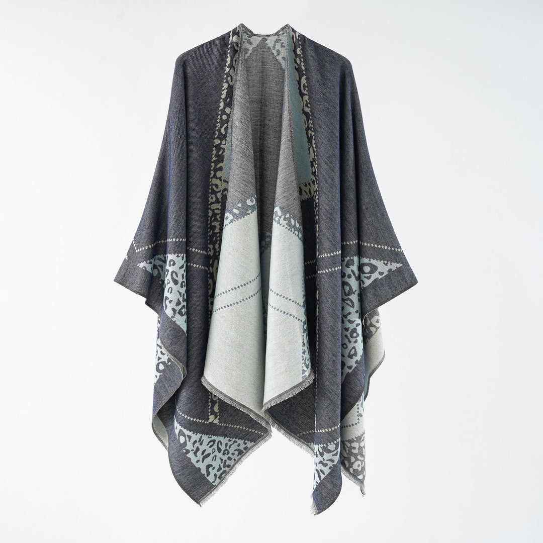 Damen Oversize Cape-Überwurf mit jacquardgewebten Patchmotiven und Fransensaum Drune