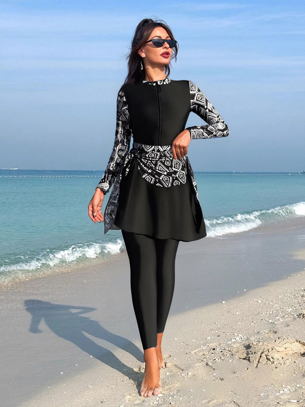 Damen Modischer Schwimmanzug mit Zip und asymmetrischem Rock Drune