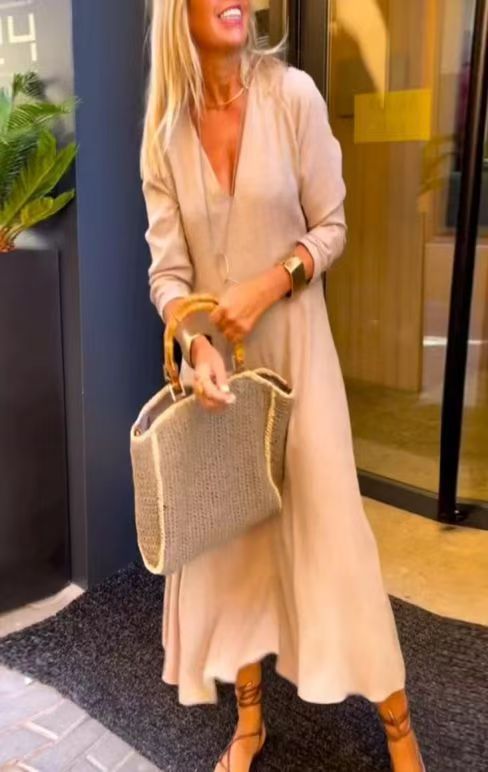 Damen nan bodenlanges V-Ausschnitt Kaftan-Maxikleid aus Leinenmix mit lockerer A-Linie und verdeckten Seitentaschen Drune