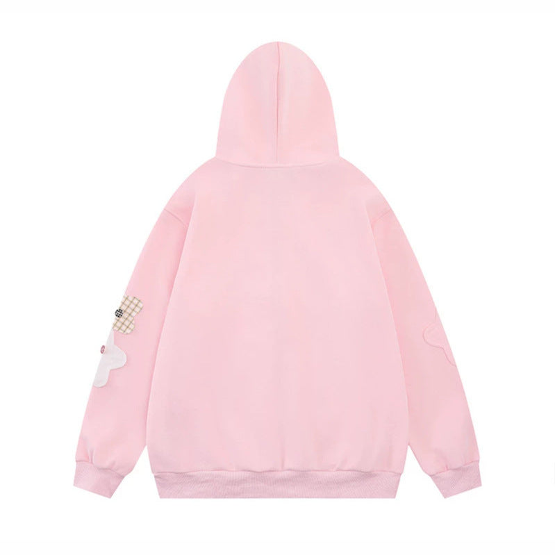 Damen Oversize-Zip-Hoodie mit floralen Stern-Applikationen und Knopf-Details Drune
