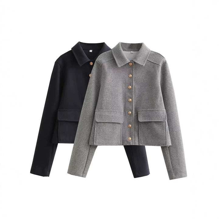 Damen nan kurzer Wollmix Overshirt mit aufgesetzten Klappentaschen und Zierknopfleiste Drune