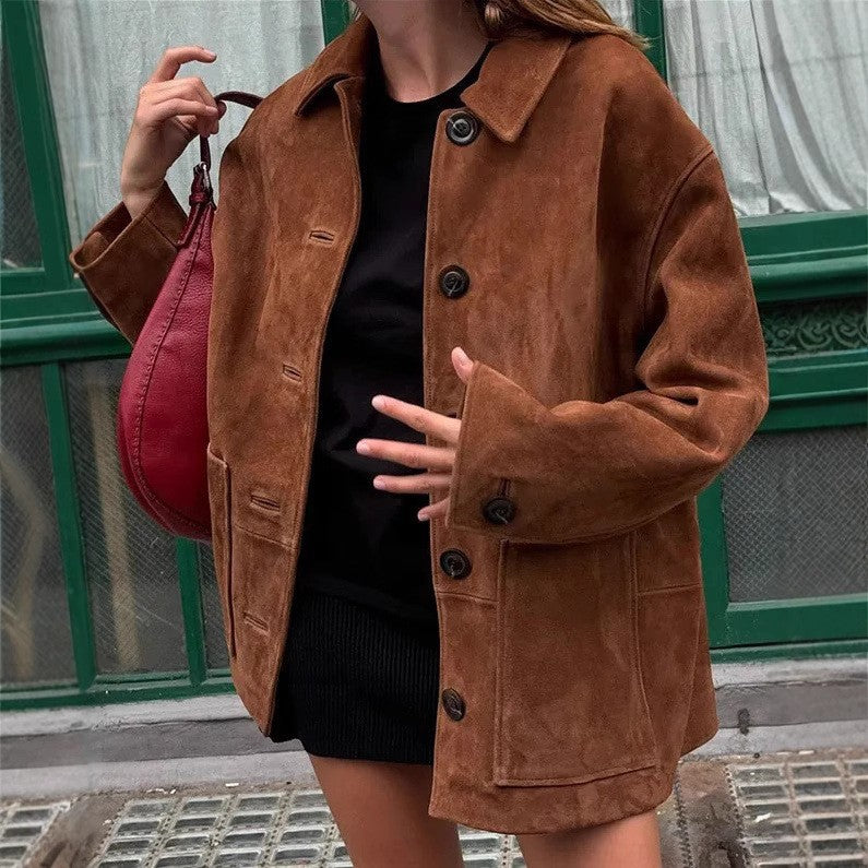 Damen Velourslederjacke mit weitem Schnitt, Hemdkragen und aufgesetzten Taschen Drune