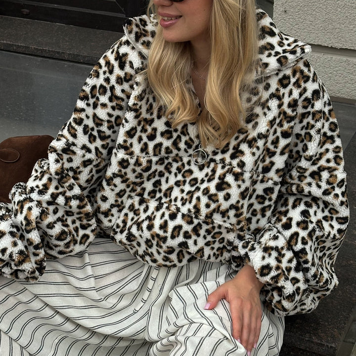 Damen Plüsch-Hoodie mit Leopardenmuster Drune