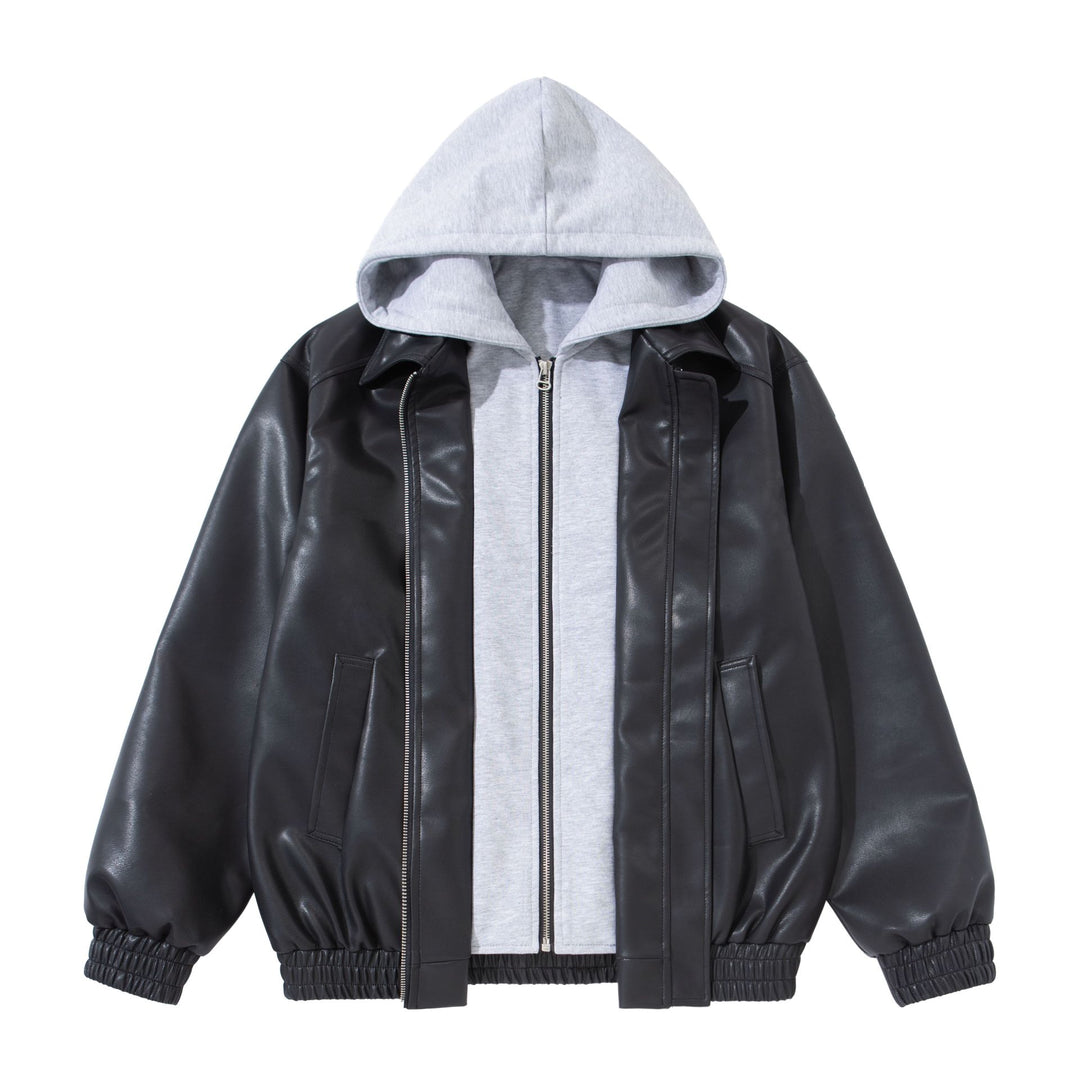Herren Boxy-Lederblouson mit angenähter Jersey-Kapuze und geripptem Saum Drune