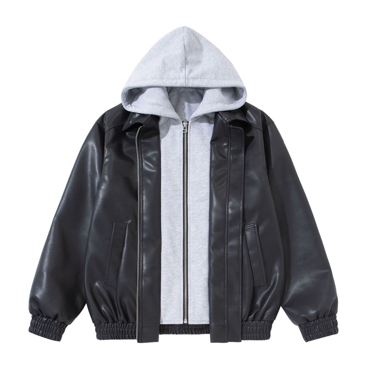 Herren Boxy-Lederblouson mit angenähter Jersey-Kapuze und geripptem Saum Drune