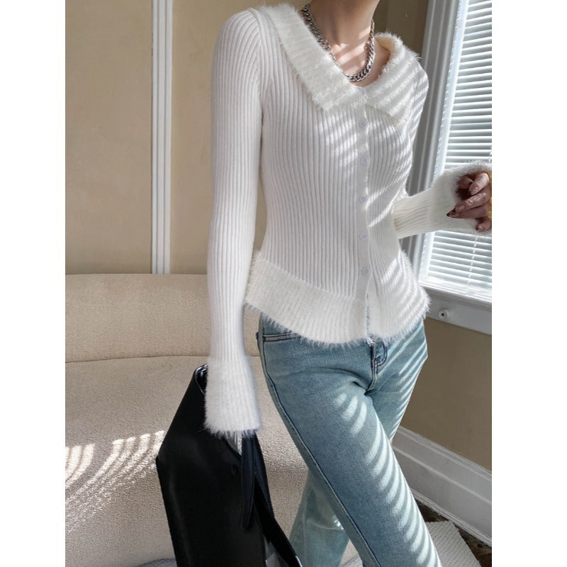 Damen gestrickte Cardigan mit seitlichen Taschen und weichem Kragen Drune