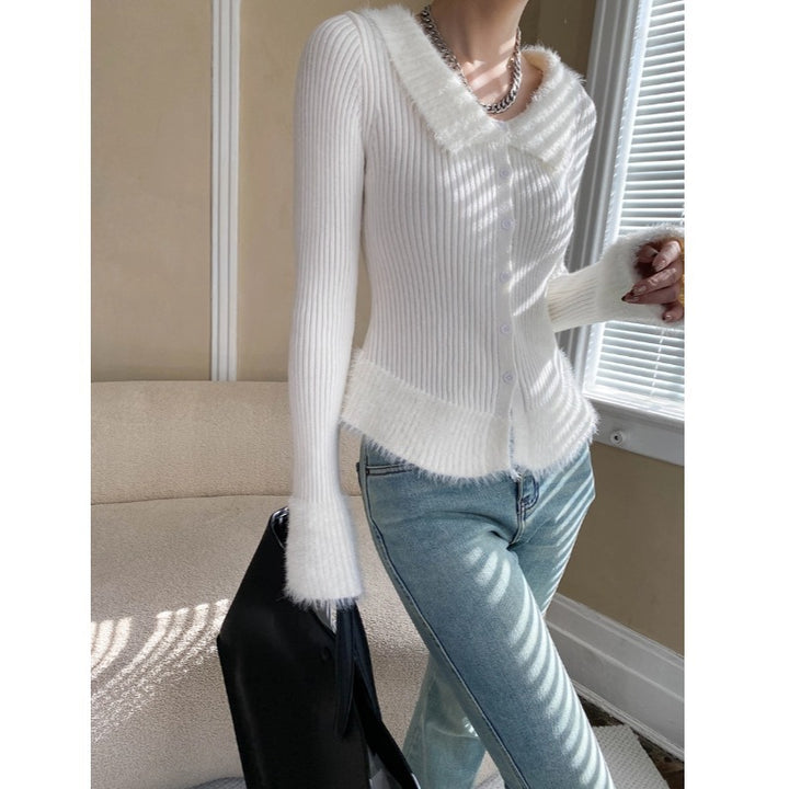Damen gestrickte Cardigan mit seitlichen Taschen und weichem Kragen Drune