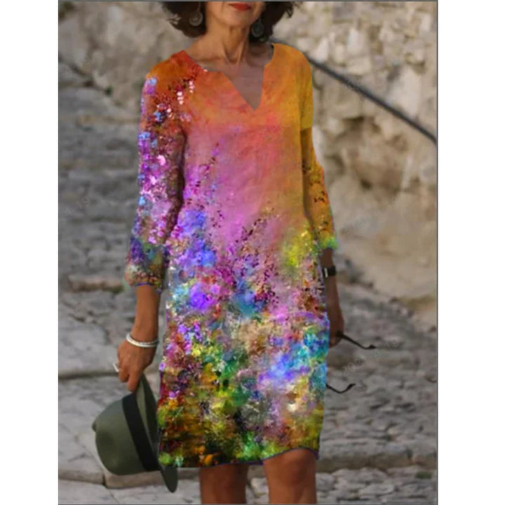 Damen Sommerkleid mit V-Ausschnitt und buntem Grafikdesign Drune