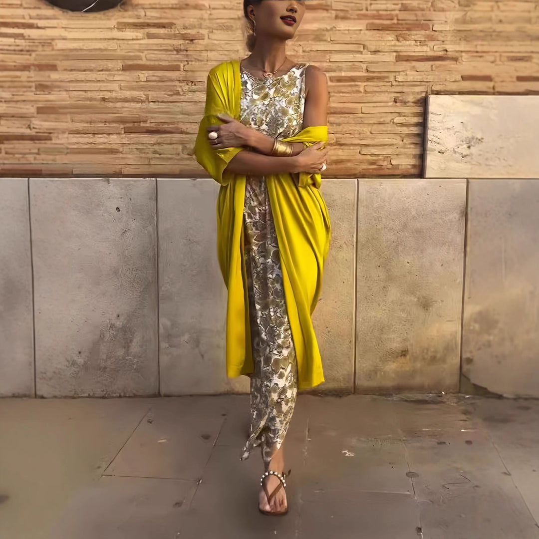 Damen Lange Wickel-Kaftankleid mit ärmellosem Unterkleid und fließendem Overshirt Drune