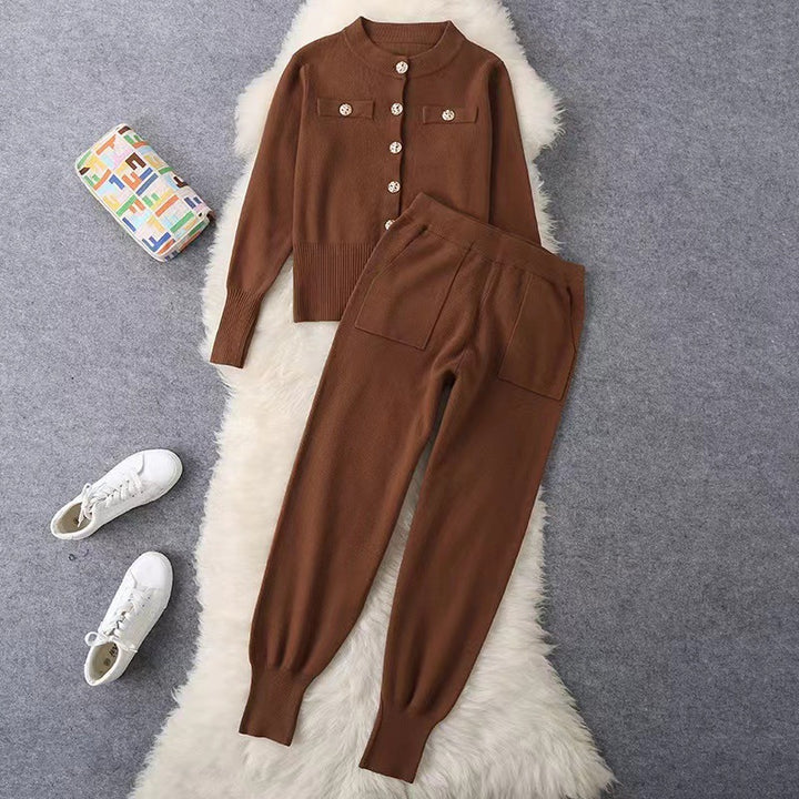 Damen elegantes Strickanzug-Set mit Knopfdétails Drune