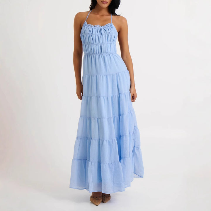 Damen luftiges Maxikleid mit Rüschendetails und elastischem Taillenbund Drune