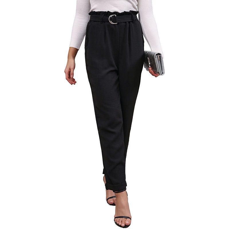 Damen Elegante hochtaillierte Paperbag-Hose mit Bindegürtel und geradem Bein Drune