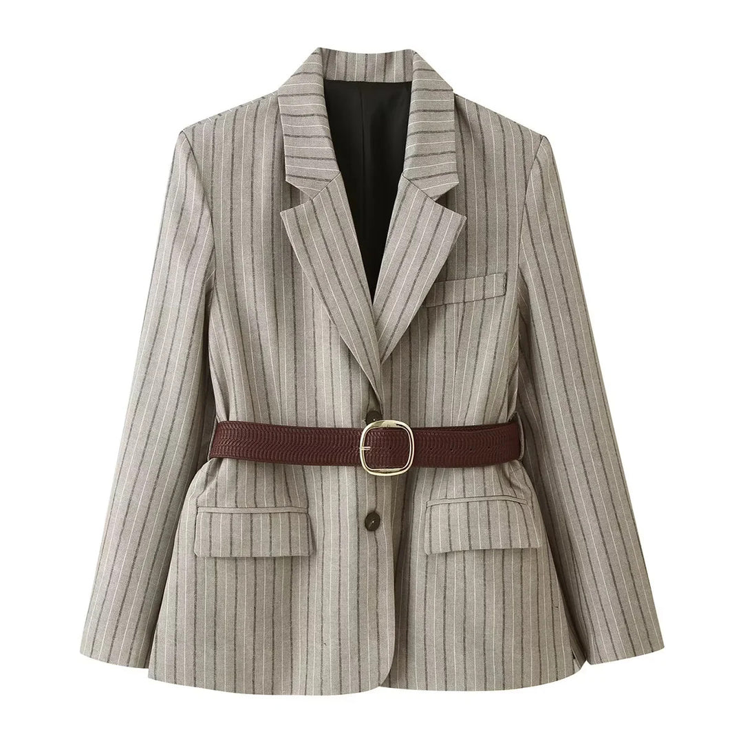 Damen nan taillierter Nadelstreifen-Blazer mit dekorativem Gürtel und Pattentaschen Drune