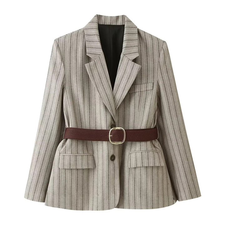 Damen nan taillierter Nadelstreifen-Blazer mit dekorativem Gürtel und Pattentaschen Drune