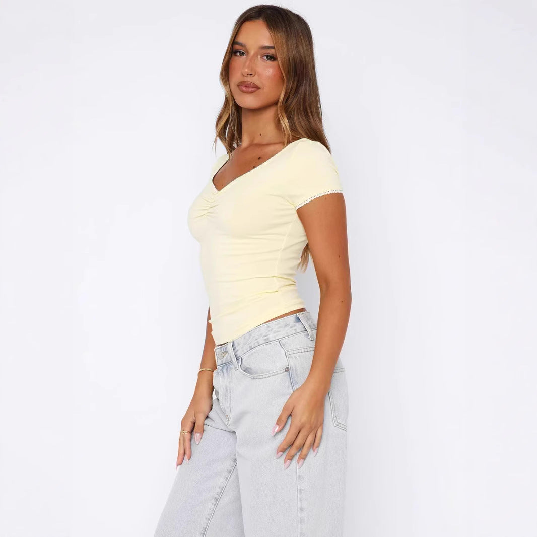 Damen figurbetontes Kurzarm-Top mit Raffung und Zierkante Drune
