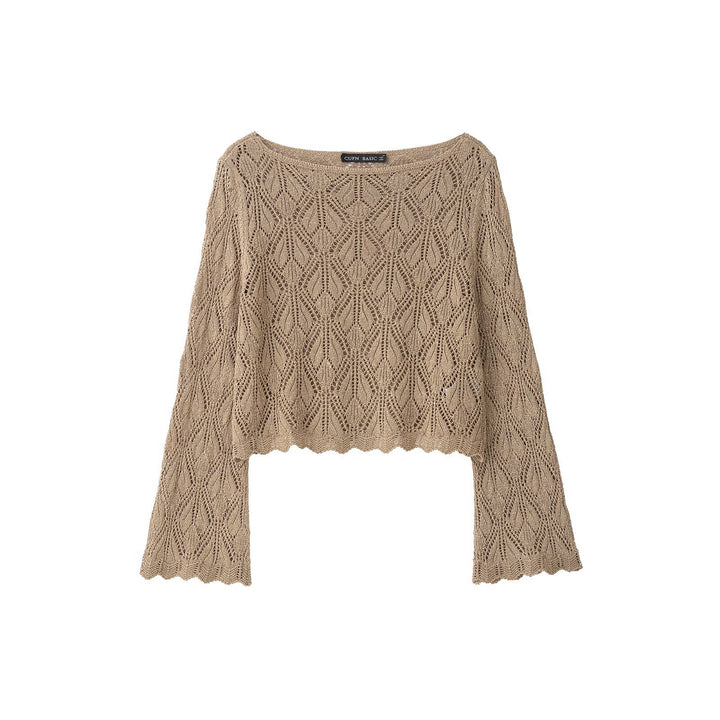 Damen Gehäkelt wirkender Cropped‑Strickpullover mit Ajourmuster und Glockenärmeln Drune