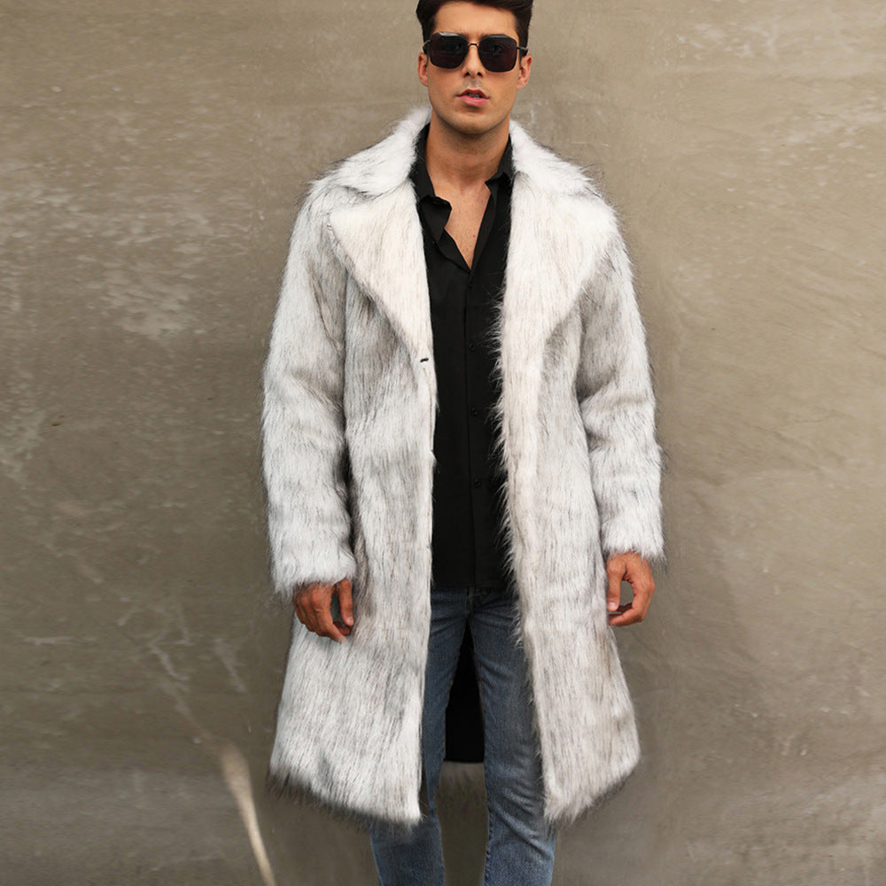 Herren Eleganter Kunstfellmantel mit tiefem Kragen Drune