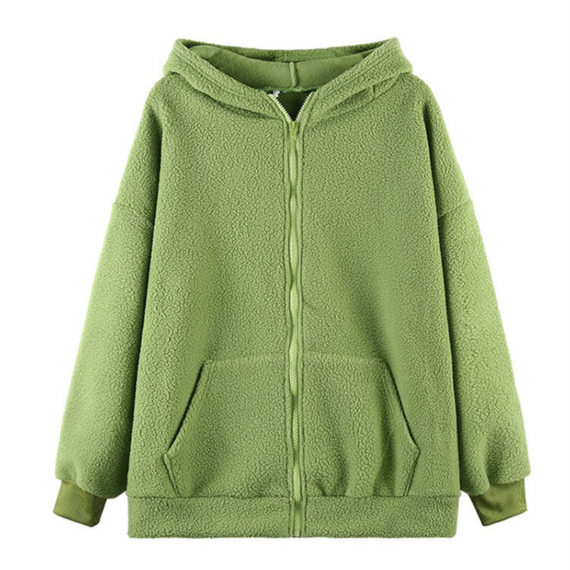 Damen kuschelige Fleecejacke mit Ohren und praktischen Eingrifftaschen Drune