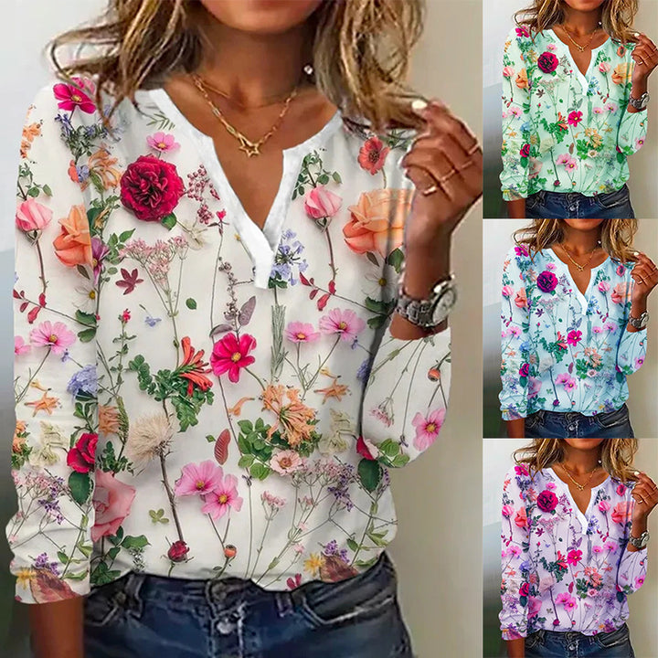 Damen Floral Lange Bluse im Chiffon-Look mit V-Schlitz und Lässiger Silhouette Drune