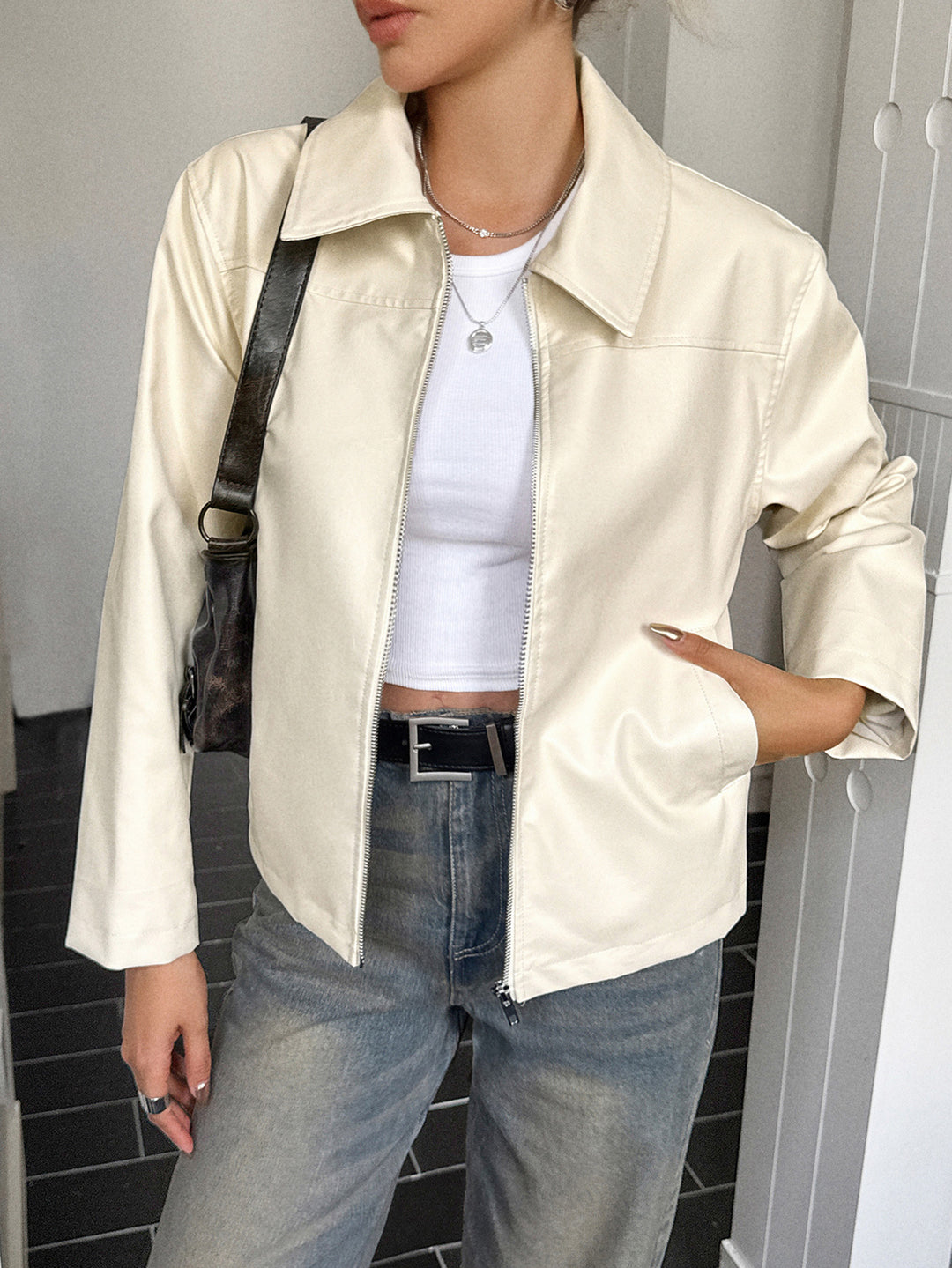 Damen nan elegante Kunstlederjacke mit Reißverschluss, Hemdkragen und Eingrifftaschen Drune