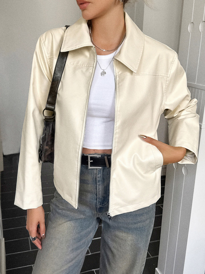 Damen nan elegante Kunstlederjacke mit Reißverschluss, Hemdkragen und Eingrifftaschen Drune