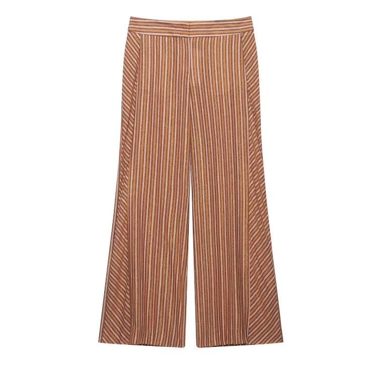 Damen Weite Palazzo‑Strickhose mit hoher Taille und vertikaler Streifenstruktur Drune