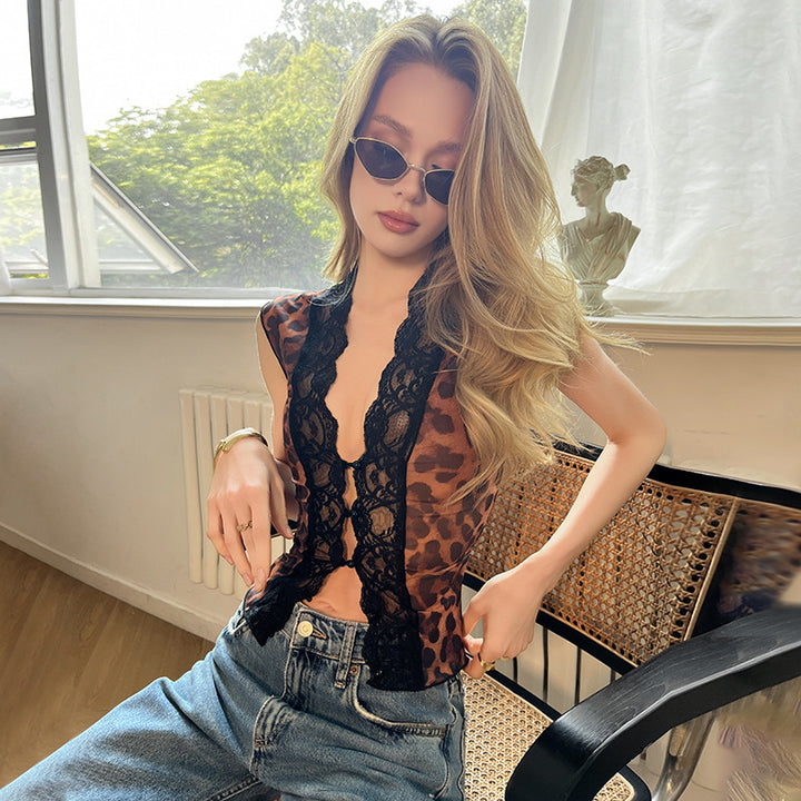 Damen Sexy Spitzenoberteil mit Leopardenmuster Drune
