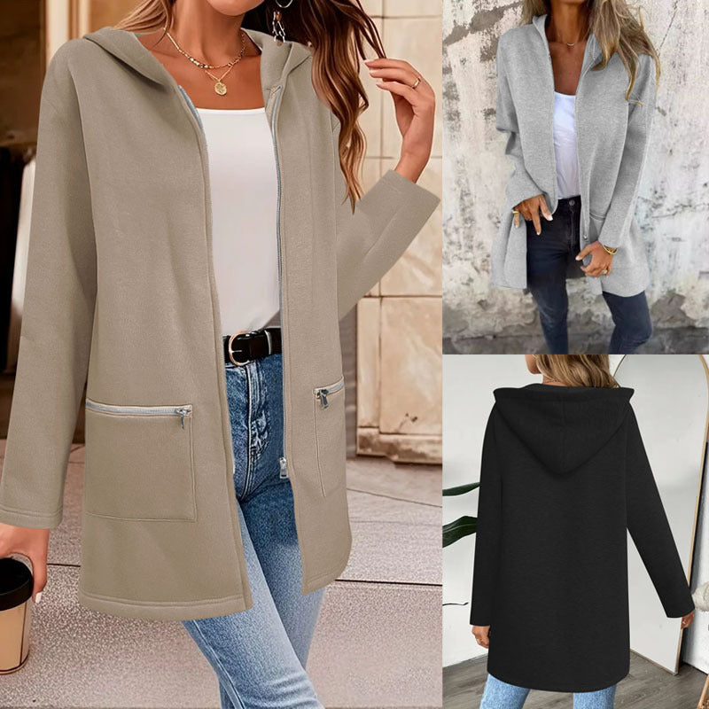 Damen Longline Übergangsjacke mit durchgehendem Reißverschluss und Zipper‑Taschen Drune