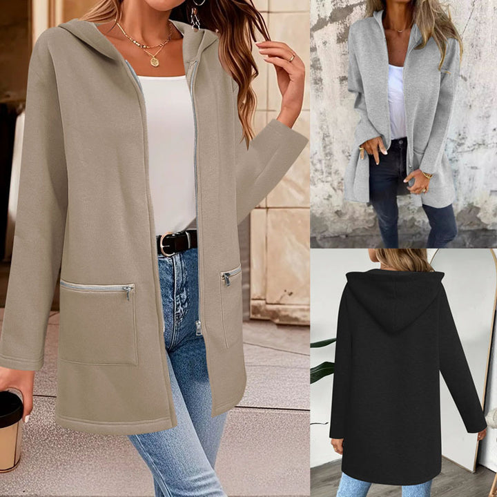 Damen Longline Übergangsjacke mit durchgehendem Reißverschluss und Zipper‑Taschen Drune