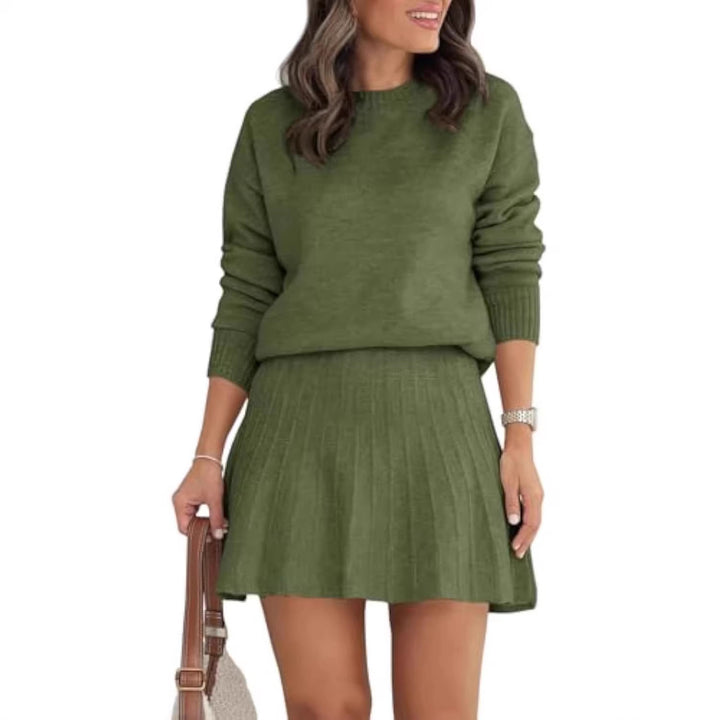Damen Zweiteiliges Strick-Set mit Rundhals-Pullover und Plissée-Minirock Drune