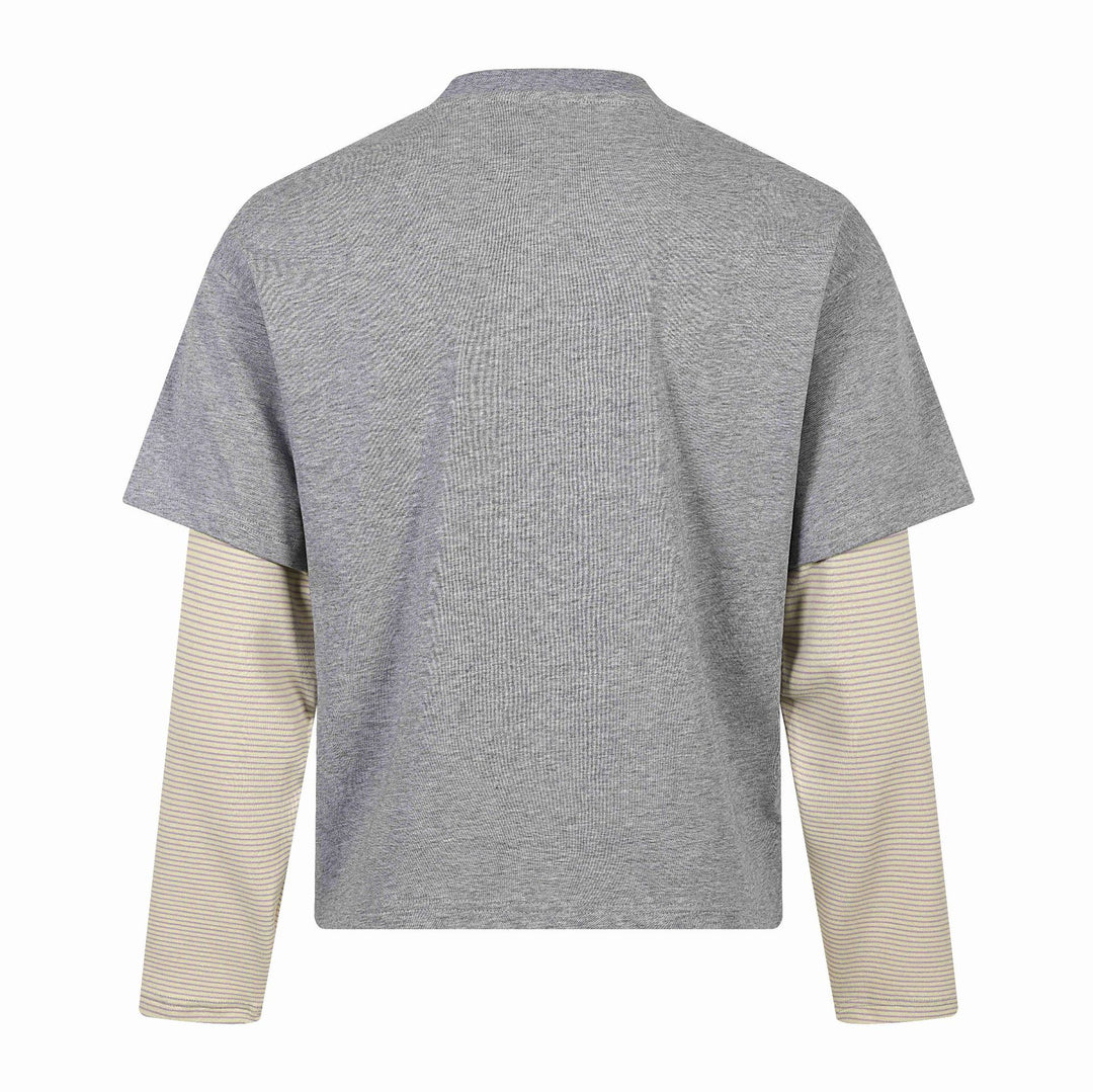 Unisex Lagenlook-Longsleeve-T-Shirt mit aufgesetztem Kurzarm-Layer und Grafikprint Drune