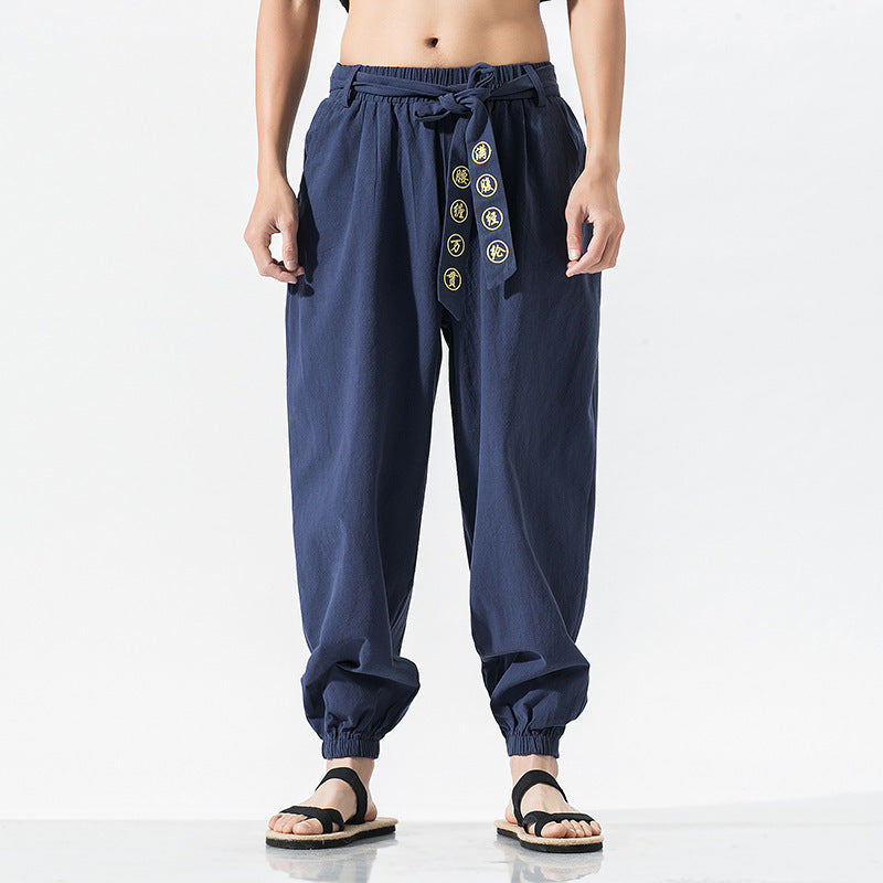 Damen nan weite Leinenhose mit Tunnelzug Bund Bindedetail und elastischen Knöchelabschlüssen Drune