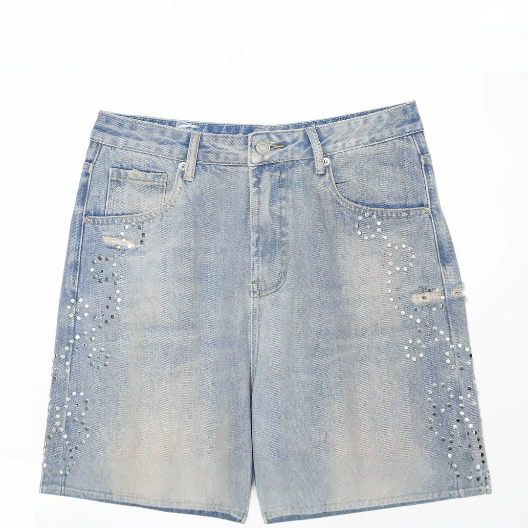 Damen High Waist Jeans mit weitem Bein, Destroyed-Details und Nietenapplikation Drune