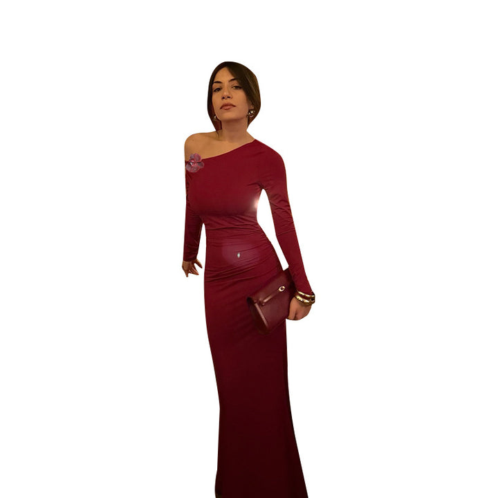 Damen Elegantes Maxikleid mit asymmetrischem Ausschnitt und figurbetontem Schnitt Drune