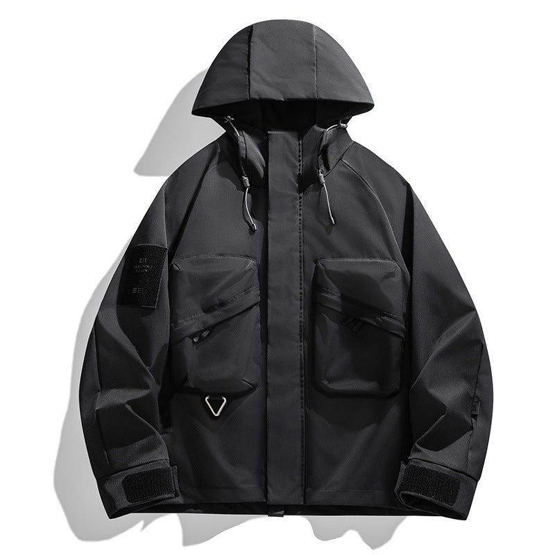Herren Wasserabweisende technische Utility-Jacke mit Kapuze, Multifunktions‑Taschen & verstellbaren Klettmanschetten Drune