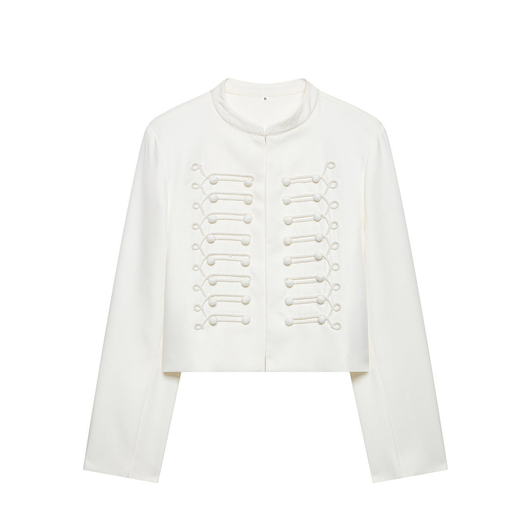 Damen Korddetail-Bolerojacke mit Stehkragen und Paraderiegel-Optik Drune