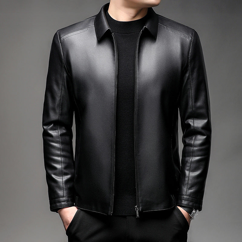 Herren Glattes Lederimitatjacke mit verdecktem Reißverschluss und Hemdkragen Drune