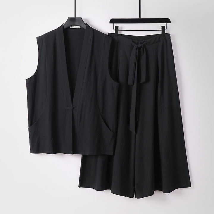 Damen Ärmelloses Kimono-Loungewear-Set aus leichtem Viskose-Leinen mit Bindeweste und weiten Palazzo-Hose Drune