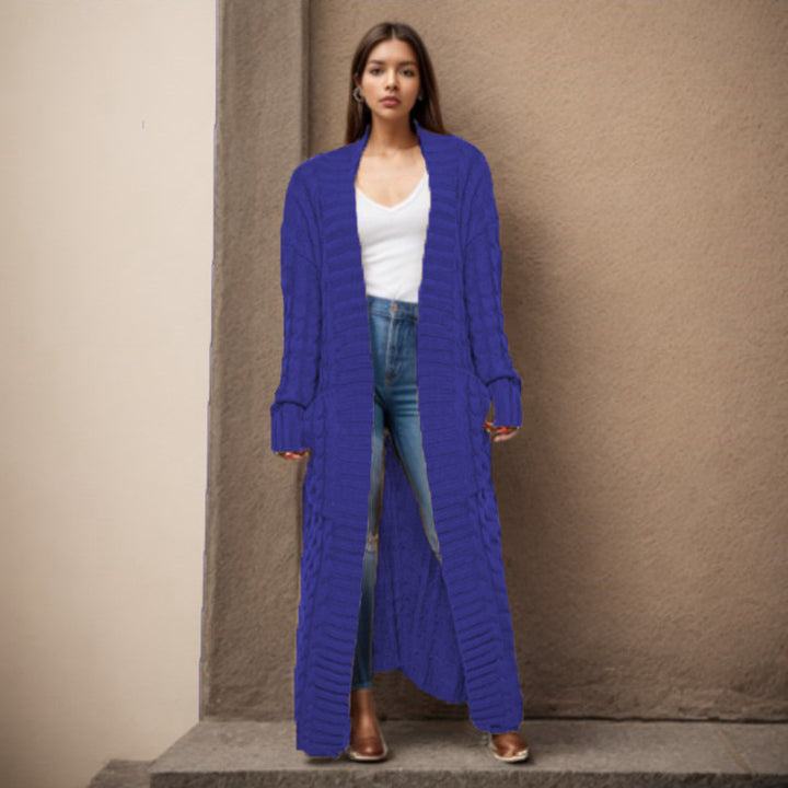Damen Langer Strickcardigan mit strukturiertem Zopfmuster und praktischen Taschen Drune
