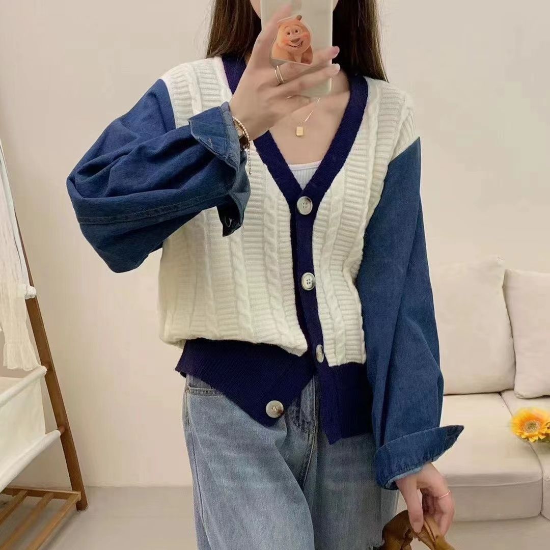 Damen Modischer Strickcardigan mit Denim-Ärmeln Drune