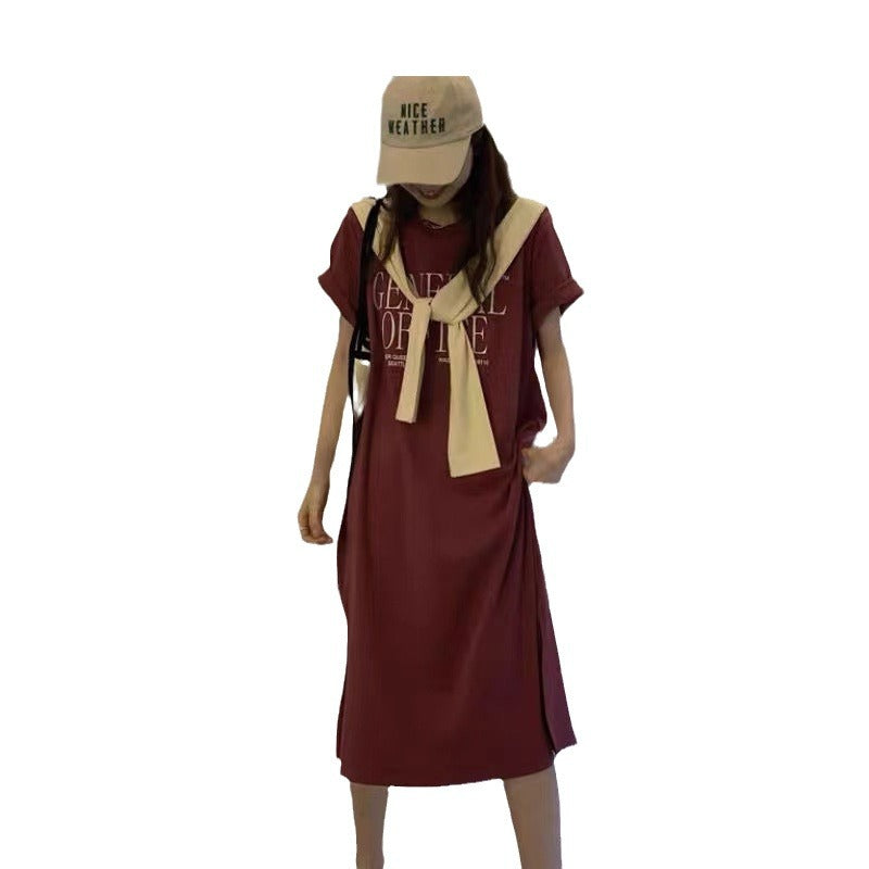 Damen Casual T-Shirt Kleid mit kreativem Schriftzug Drune