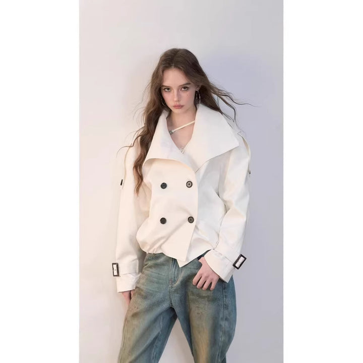 Damen Oversized Doppelreihige Trench-Bomberjacke mit hohem Stehkragen Drune
